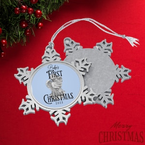 Boy&#39;s Baby&#39;s First Christmas | Christmas Ornament | 2023 | Christmas Gift | Holiday Gift | Pewter Snowflake Ornament