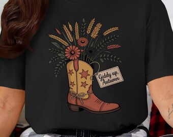 Western Boot Autumn Floral T-Shirt, Fall Season Graphic Tee, Rustic Country Shirt, Giddy Up Autumn Shirt, Cute Floral Boot Shirt