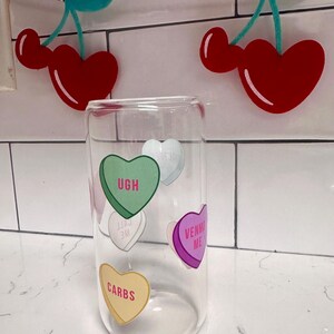 Conversation Candy Hearts Glass Beer Can- Glass Valentine’s Day Hearts Wrapped Coffee Cup With Lid and Straw