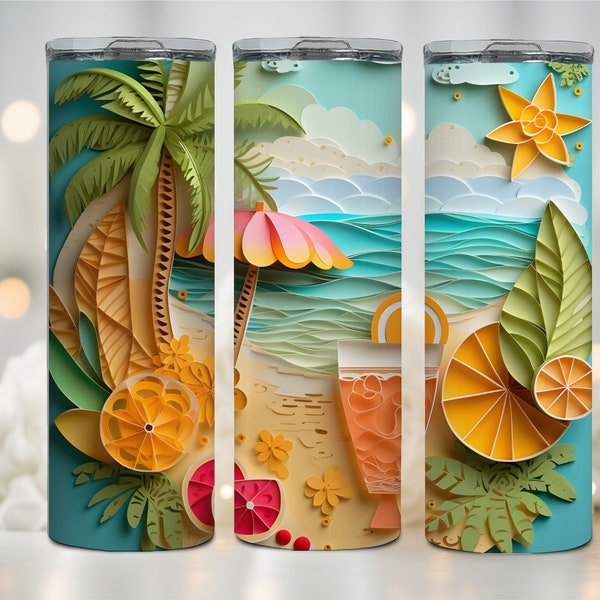 3D Beach Scene 20 oz Stainless Steel Tumbler with Splash-Proof Lid, Rubber Bottom, Metal Straw, and Brush  ***Ships from Miami Warehouse***