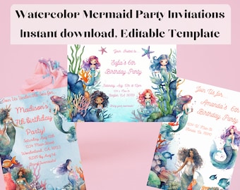 Editable bajo el mar púrpura verde azulado sirenita invitación de cumpleaños, invitación de cumpleaños de acuarela invita plantilla imprimible descarga instantánea