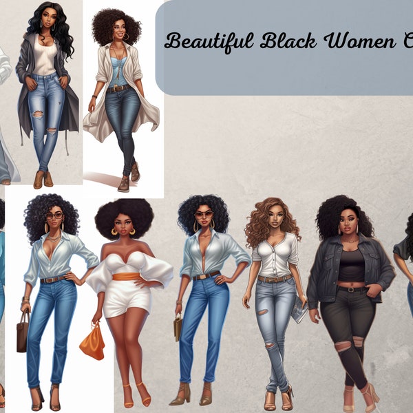 Denim Girls Clipart, Fashion Girls Clipart Bundle, Curvy Girl Clipart, Natural Hair Clipart, Afro Girls Clipart, Plus Size, Size Inclusive