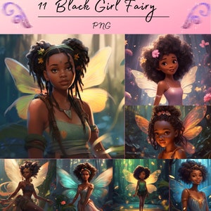 かわいい黒人の女の子の妖精のプリンセス、黒人の女の子の魔法、メラニンの黒人の女の子の PNG、アフロの子供たち、黒人のエンパワーメントのクリップアート、妖精と蝶の子供