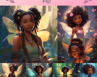 Princesa de hadas de niña negra linda, magia de niña negra, niña negra de melanina PNG, niños afro, imágenes prediseñadas de empoderamiento negro, niño de hadas y mariposas