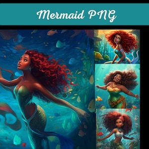May include: Three digital illustrations of mermaids with different skin tones and hairstyles. Each mermaid is wearing a green seashell bra and tail, and is surrounded by colorful fish and coral.