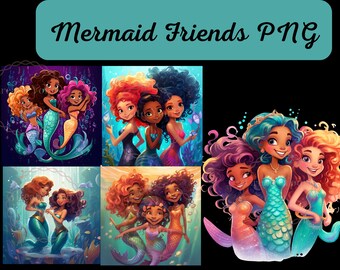 PNG de amigos sirena multirraciales, sublimación de amigos princesa sirena, PNG de sirena negra, imágenes prediseñadas de camiseta de sirena, amigo sirena inclusivo