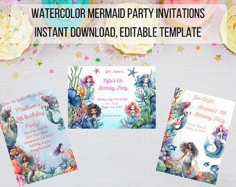 Editable bajo el mar púrpura verde azulado sirenita invitación de cumpleaños, invitación de cumpleaños de acuarela invita plantilla imprimible descarga instantánea