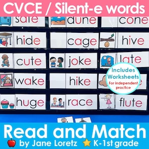 May include: Educational flashcards for early readers. The cards feature words with the silent-e rule, such as "cute," "wake," and "flute." The title "CVCE / Silent-e words" is at the top. The bottom of the image reads "Read and Match by Jane Loretz K-1st grade."