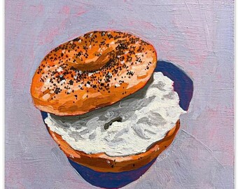 May include: A painting of a poppy seed bagel with cream cheese on a purple background.