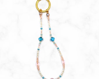 Pastel Clover Beaded Phone Charm Strap, Aqua Pink Glass Crystal Beads, Handmade Wristlet Keychain