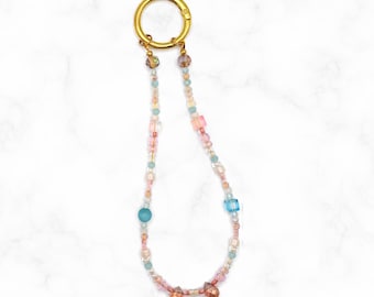 Peachy Pastel Beaded Phone Charm Strap, Aqua Pink Glass Crystal Beads, Handmade Wristlet Keychain