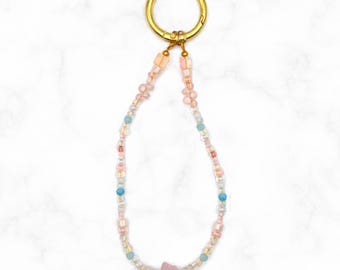 Pastel Star Beaded Phone Charm Strap, Aqua Pink Glass Crystal Beads, Handmade Wristlet Keychain