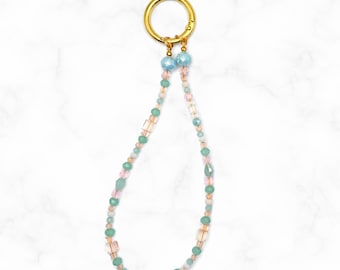 Pastel Beaded Phone Charm Strap, Aqua Pink Glass Crystal Beads, Handmade Wristlet Keychain