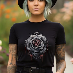 Black shirt with a beautiful, realistic black rose with dripping blood