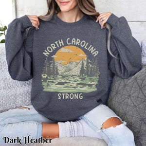 Op de afbeelding: Een donker grijs sweatshirt met een vintage-stijl afbeelding van een bergketen en een ondergaande zon. De tekst "North Carolina Strong" is onder de afbeelding gedrukt.