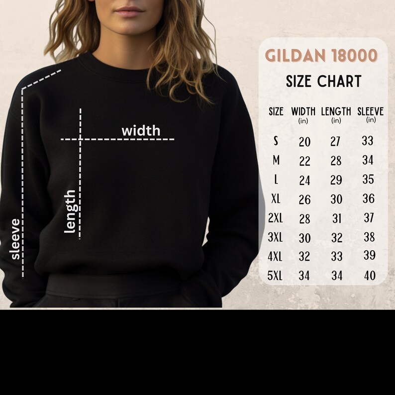 K&ouml;nnte beinhalten: Gr&ouml;&szlig;entabelle f&uuml;r Gildan 18000 Sweatshirts, die die Breite, L&auml;nge und &Auml;rmell&auml;nge in Zoll f&uuml;r die Gr&ouml;&szlig;en S bis 5XL zeigt.