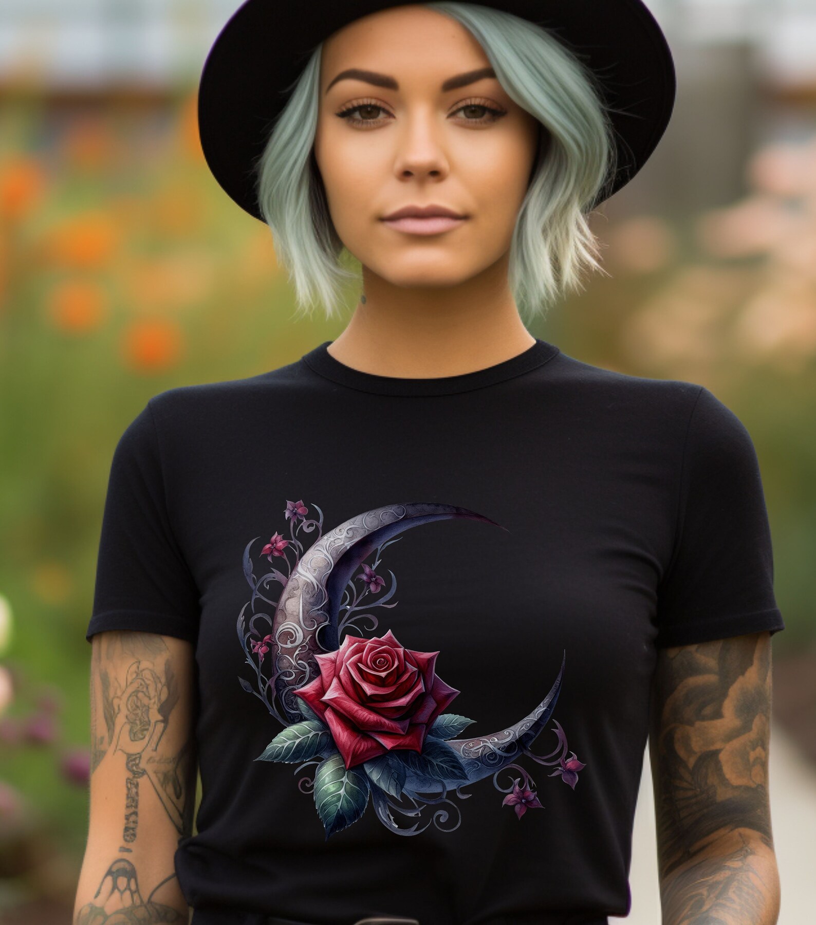 Gothic Rose Shirt, Gothic Red Rose Flower Purple Crescent Moon T-shirt ...