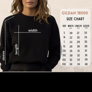 Op de afbeelding: Maattabel voor Gildan 18000 sweatshirts, met de breedte, lengte en mouwlengte in inches voor maten S tot en met 5XL.