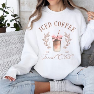 Coquette Iced Coffee Social Club Sweatshirt, Pink Bow Iced Coffee Sweater, Coquette Girly Crew Neck, Coffee Lover, Gift for Coquette Lover