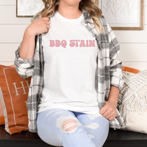 Bbq stain shirt Pink, white bbq stain shirt Pink Font, bar-b-que shirt, retro groovy bbq stain summer shirt for men, women