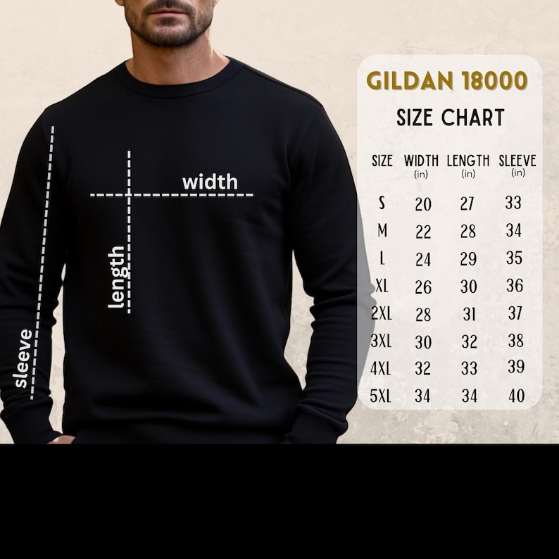 Op de afbeelding: Maattabel voor Gildan 18000 sweatshirts, met de breedte, lengte en mouwlengte in inches voor maten S tot en met 5XL.