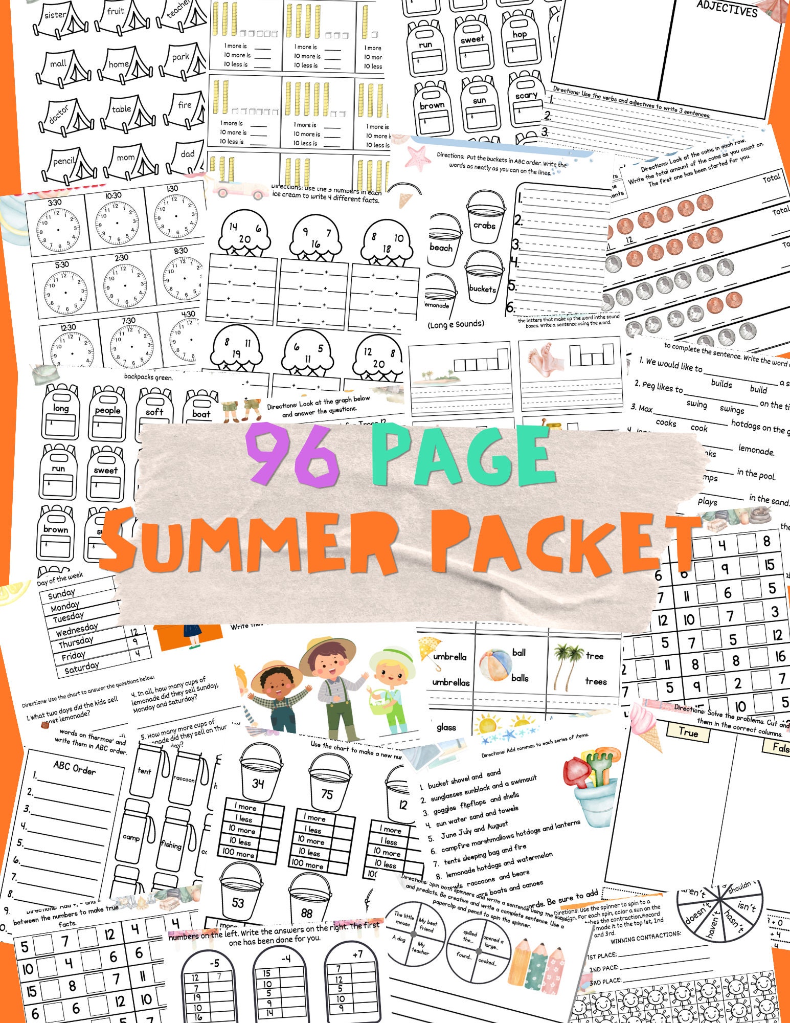 Huge 1st and 2nd Grade Summer Bundle Packet 96 PAGES Math and Literacy ...