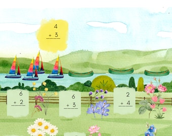 Piękny arkusz dodawania dla przedszkolaków, 1 klasy, edukacja domowa, wiosna/lato