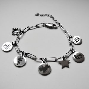 Billie Eilish-Inspired Charm Bracelet – Stainless Steel Chain with Custom Laser Engraved Charms