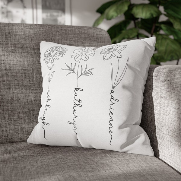 Personalized Family Name Birth Flower Throw Pillow Case, Custom Housewarming Pillow Cover Gift, Christmas Gifts for Mom, Mother's Day Gift