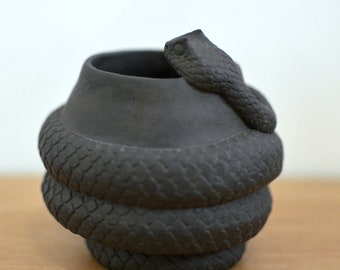 A clay bowl with a Snake in it black cup