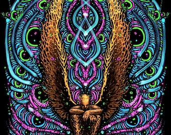 Neon psychedelic tapestry with trippy angel