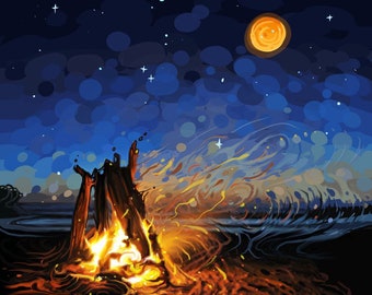 romantic UV tapestry with fire on the beach