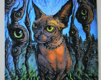 UV tapestry with trippy cat in the forest and eyes