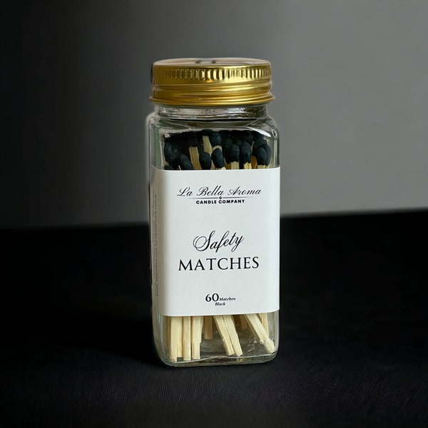 Decorative Glass Jar Safety Matches, Black Tip Classic Wood Matches, Candle Accessories, 60 count 3" Old Fashion Wooden Matches