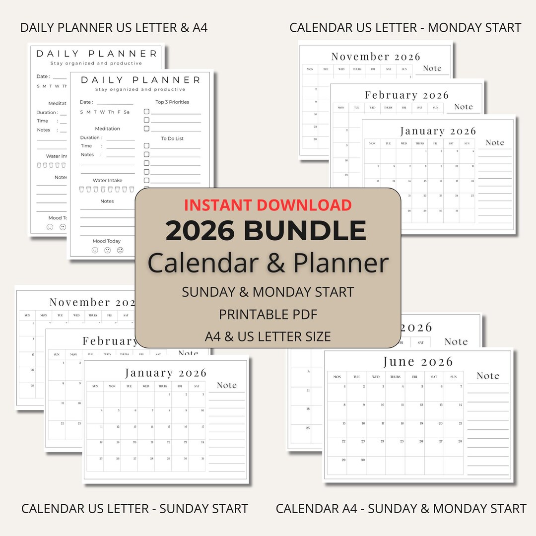 2026 BUNDLE Calendar & Daily Planner, to Do List, Printable, Minimal