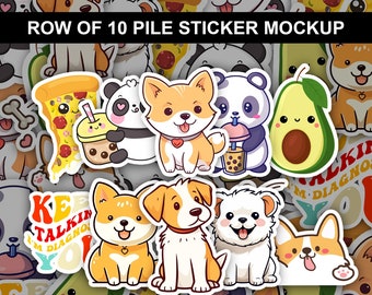 Row of 10 Sticker Pile Mockup, Sticker Mockup, Multiple, Decal Mockup, Die Cut Sticker Mockup, Photoshop Template, PSD, Smart Object Replace