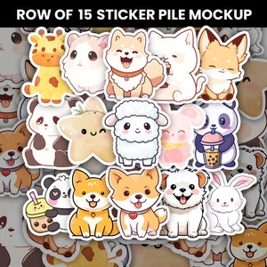 Puede incluir: Una fila de 15 pegatinas de animales de dibujos animados coloridos. Las pegatinas presentan una variedad de animales, incluyendo una jirafa, un zorro, un panda, una oveja, un conejito, una estrella de mar y un perro. Las pegatinas están todas en un estilo de dibujos animados y tienen un aspecto lindo y juguetón.