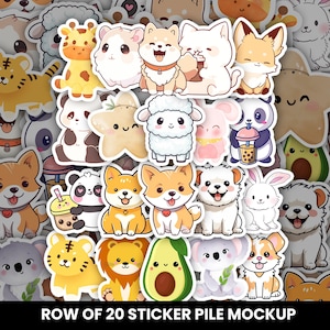 Row of 20 Sticker Pile Mockup, Sticker Mockup, Multiple, Decal Mockup, Die Cut Sticker Mockup, Photoshop Template, PSD Template Smart Object