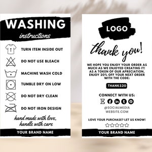 Bewerkbare T-shirt Wasinstructies Kaartsjabloon Canva-sjabloon Afdrukbare Kleding Onderhoudskaart T-shirt Verpakking Insteekkaart Bedankkaart