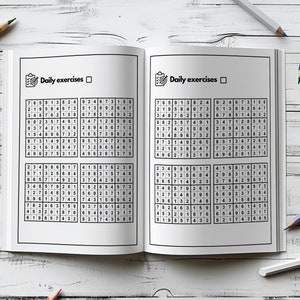 以下が含まれることがあります： 「Daily exercises」というタイトルが書かれた2ページが開かれた本。各ページには、数で満たされた9x9のグリッドがあり、数独に似ています。
