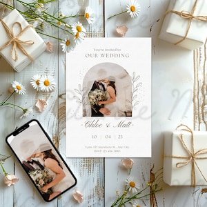 Card and Phone Invitation Mockup, PSD, PNG, Smartphone Greeting Card, Minimalist iPhone screen mock up, Digital Cellphone invitation mockups