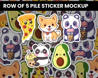 Row of 5 Sticker Pile Mockup, Sticker Mockup, Multiple, Decal Mockup, Die Cut Sticker Mockup, Photoshop Template, PSD Template, Smart Object