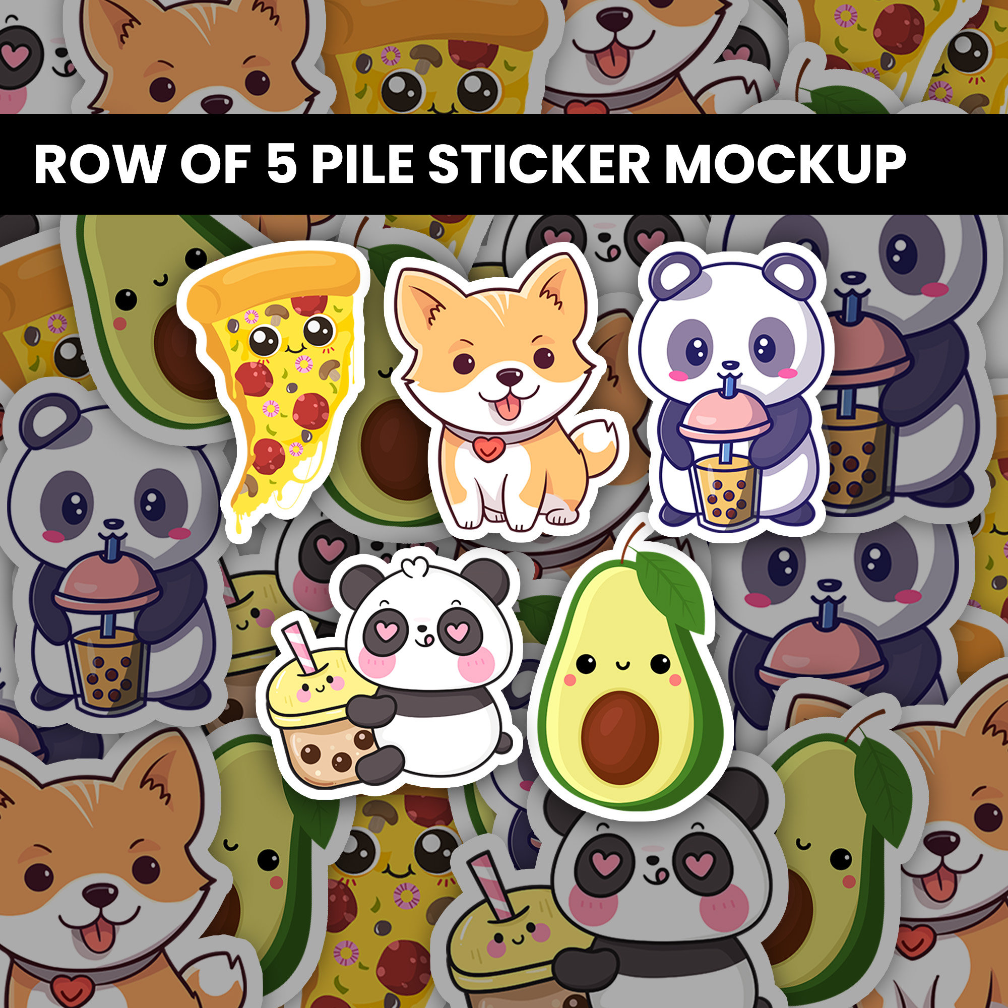 Row of 5 Sticker Pile Mockup, Sticker Mockup, Multiple, Decal Mockup ...
