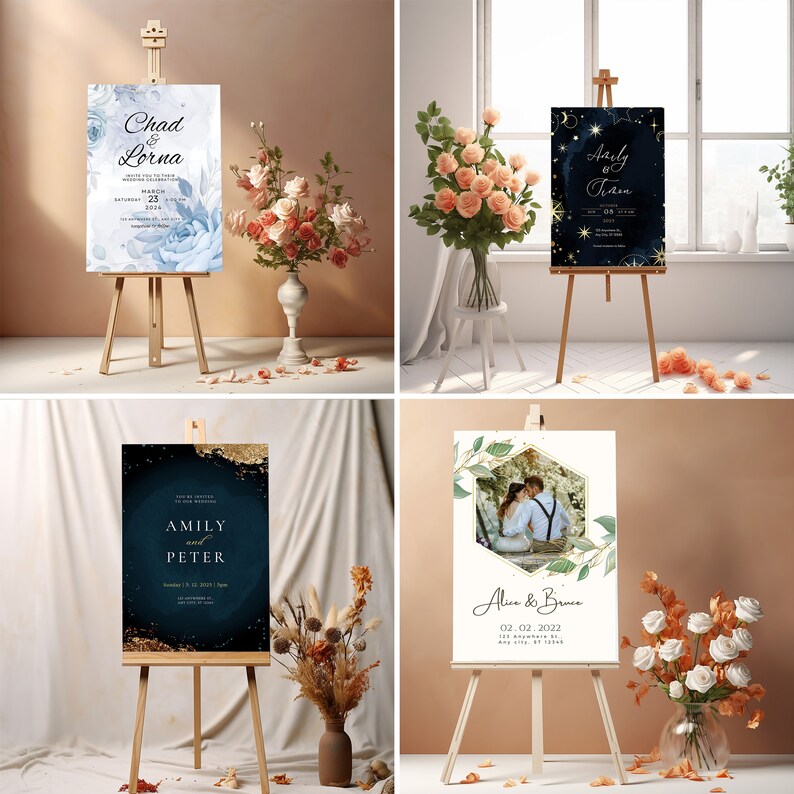 Puede incluir: Cuatro carteles de bienvenida de boda colocados en caballetes. Los carteles est&aacute;n decorados con dise&ntilde;os florales y celestiales. Los carteles muestran los nombres de las parejas y sus fechas de boda. Los carteles est&aacute;n sobre un fondo blanco.
