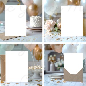 Mockup di 4 biglietti in bundle 5x7, mockup di esposizione del prodotto, busta artigianale, inviti per feste invito biglietti di auguri fissi compleanno matrimonio png