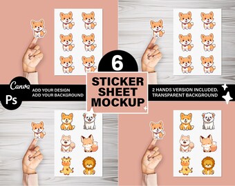 May include: Mockup of six sticker sheets with various cartoon animal designs. The sheets are white with a transparent background. The stickers feature a fox, a giraffe, a lion, and a dog.