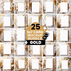 25 Invitation Greeting Card Mockup Bundle, 5x7 Invite Mockup, Gold Themed, Wedding, Card Baby Shower Invitation, Thank You Card Mockups, PNG