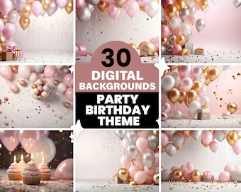 30 x Party Geburtstag digitale Hintergründe, Mockup Bündel, fügen Sie Ihre eigenen Produkte hinzu, digitaler Hintergrund Mock-up, Stock Fotografie gestaltet, rosa
