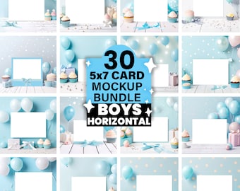 30 Horizontal Invitation 7x5, Blue, Boy Card Mockup Bundle, Card Invite Mockup, Party Card Birthday, Card Baby Shower Invitation Mockups