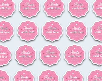 May include: A pattern of pink stickers with a scalloped edge and white border. Each sticker has the words "Made with love" in white script, small hearts, and contact information.